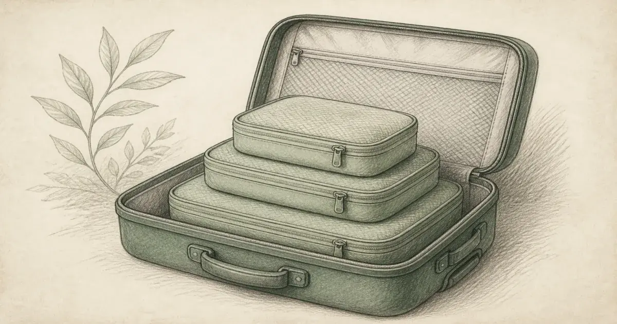 Hand-drawn pencil sketch of packing cubes nested in an open suitcase
