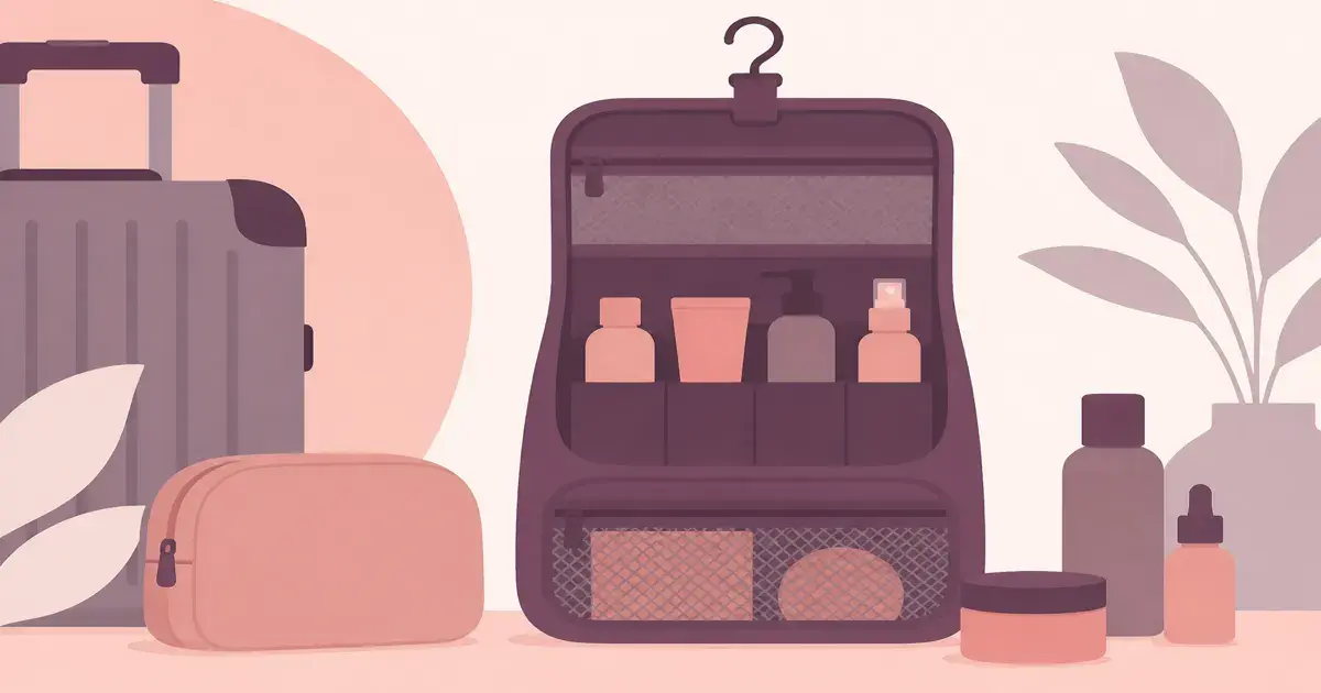 Soft geometry toiletry bag and bottles on a blush travel background