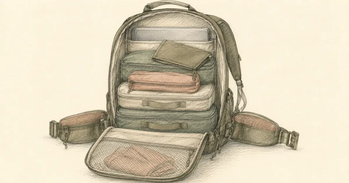 Soft pencil sketch of an open travel backpack with packing cubes stacked against the back panel, a 16 inch laptop sleeve, and a passport pouch on top