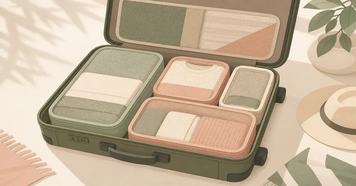 Soft pastel packing cubes nested in an open carry-on suitcase