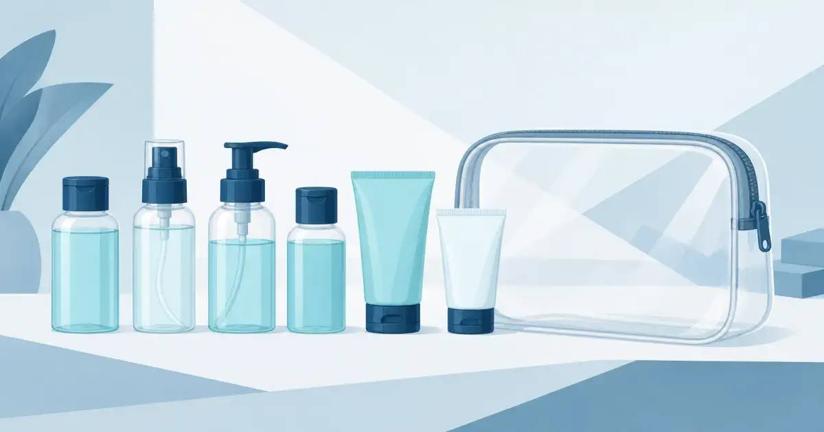 Clear travel toiletry bottles lined up beside a quart bag