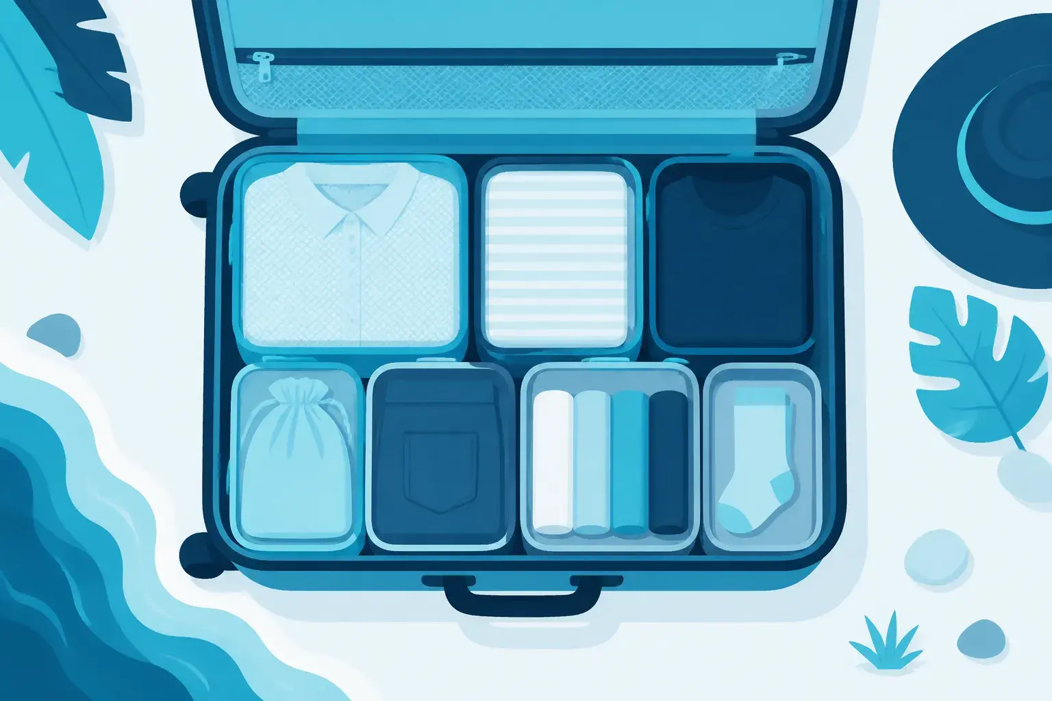 Carry-on suitcase packed for a week with packing cubes and a toiletry kit