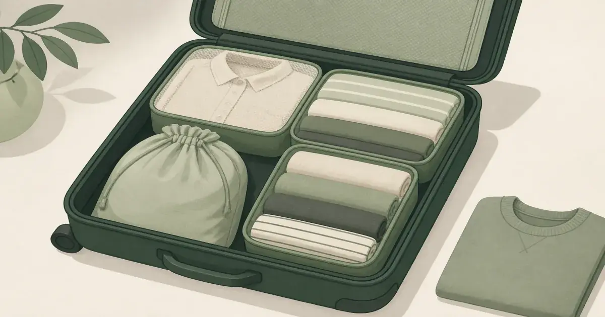 Soft packing cubes with folded outfits and a laundry sack arranged in an open carry-on