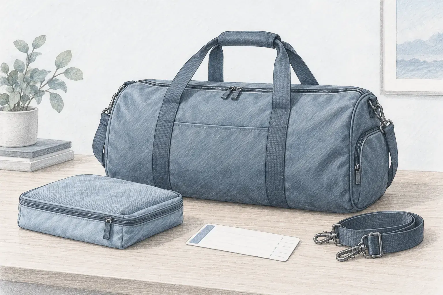 Pencil sketch of a soft blue personal-item duffel beside a folded packing cube and a boarding pass on a desk