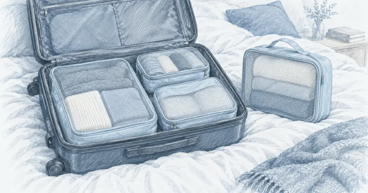 Suitcase capacity calculator beside an open carry-on filled with packing cubes