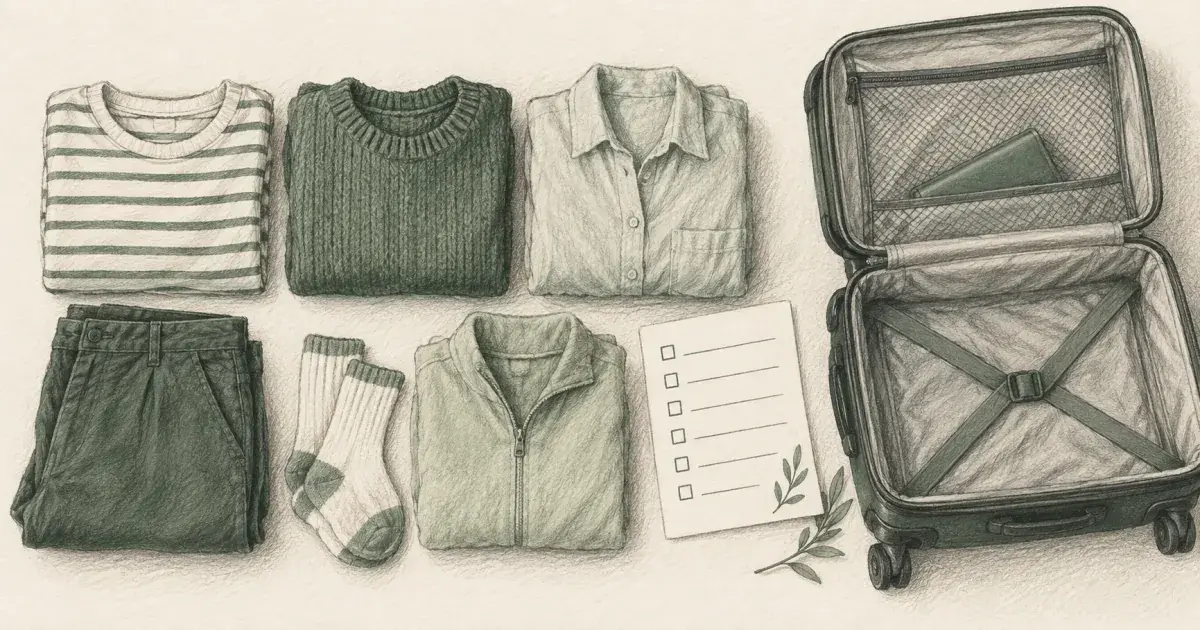 Trip packing list calculator beside a folded stack of clothes and a carry-on bag
