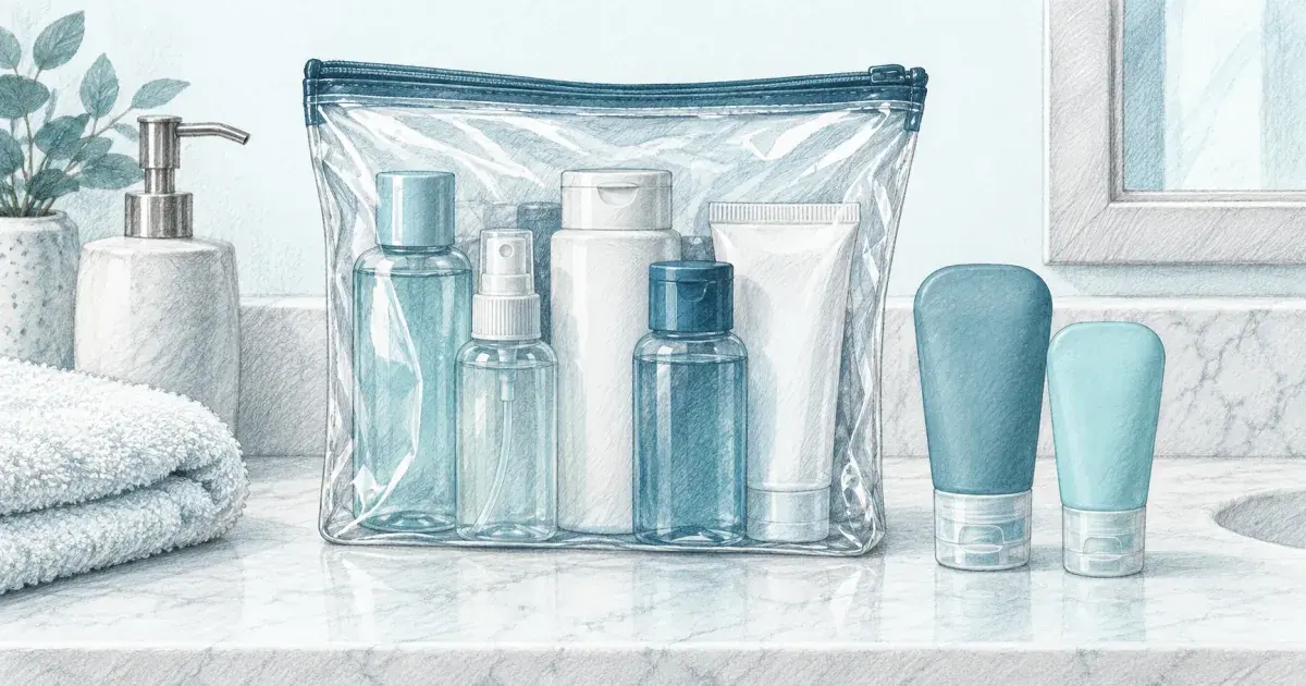 TSA liquids calculator with travel bottles lined up next to a clear quart bag