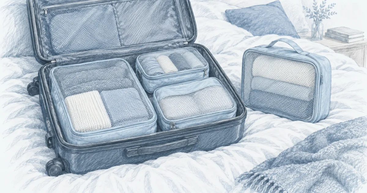 Suitcase capacity calculator beside an open carry-on filled with packing cubes